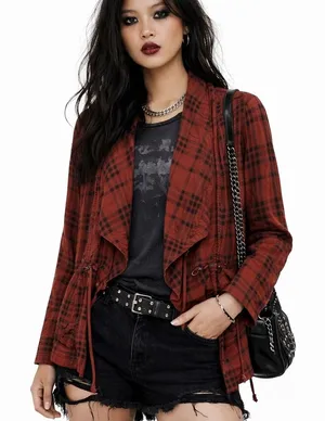BKE Open Front Plaid Jacket Red Drawstring‎ Waist Grunge Streetwear Size M thumbnail 1