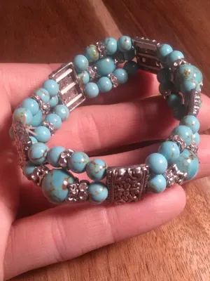 Blue Howlite Three Row Beaded Silvertone Stretch Bracelet thumbnail 7