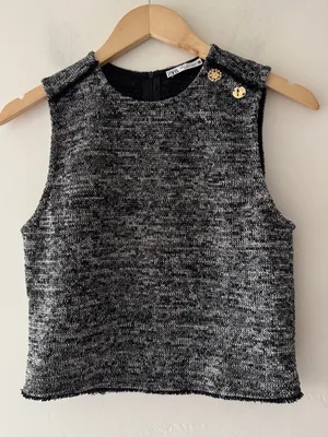 Zara Jacquard‎ Structured Gray Black Tweed Top thumbnail 2