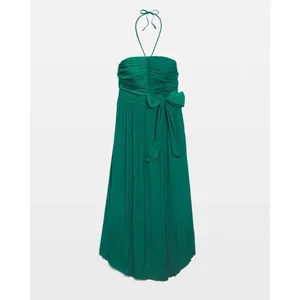 White House | Black Market NEW $170 Strapless Halter Pleated Tie-Waist Midi Dress in Emerald Green 00 thumbnail 3