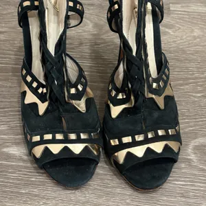 Sophia Webster Riko Black Suede Rose‎ Gold Geometric Peep Toe Stiletto Heels 8 thumbnail 2