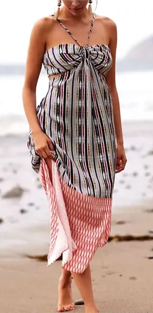 ANTHROPOLOGIE Women’s Stripped Print Asymmetrical Bare Cutout Maxi Dress Size S thumbnail 1