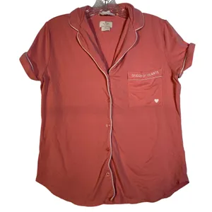 Kate Spade Queen of Hearts Pajama Top Coral Short Sleeve Button‎ Up Small thumbnail 1