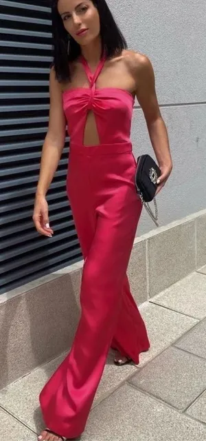 Zara Satin Halter Wide-Leg Jumpsuit in Hot Pink thumbnail 1