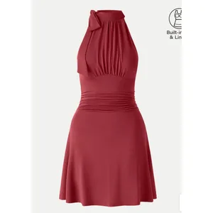 OGL Scoop Neck Side Ruched New Airy Bra Midi Dress Chili Pepper Red Size S thumbnail 4