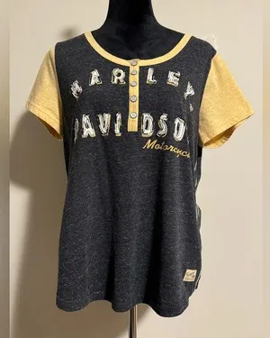 EUC Harley Davidson Gray and Yellow Embroidered Raglan Button Down Tee size L thumbnail 1