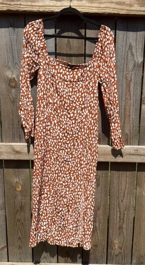 Forever 21 Rust Brown White Abstract Pebble Print Smocked Midi Dress Large thumbnail 1