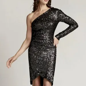 Tadashi Shoji SHO On Shoulder Long Sleeve Ruched Sequin Mini‎ Dress XL thumbnail 1