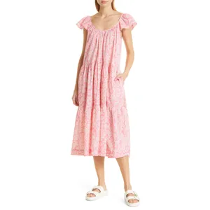 THE GREAT. The Plumeria Cotton Midi Dress Pink Floral Tiered Size 3 Large L thumbnail 2