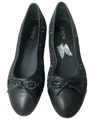 J. Crew Factory Black Tweed & Leather Ballet Flats with Bow thumbnail 1