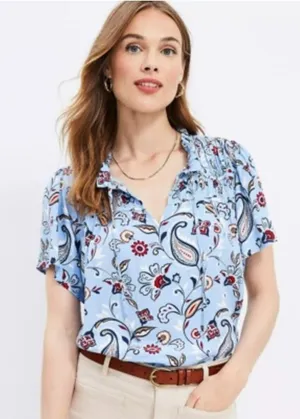 Loft EUC Women's Blue Floral Paisley V-Neck Front Tie Blouse Size L thumbnail 1
