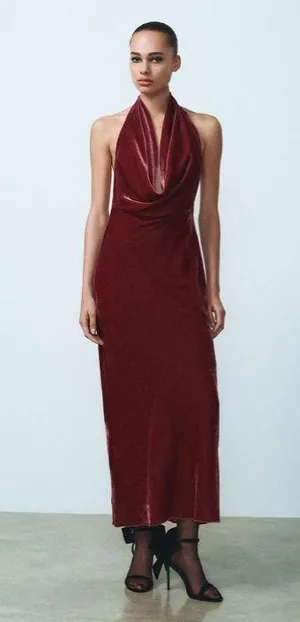 Zara maxi holiday dress velour Velvet Halter in Burgundy wedding party evening thumbnail 9