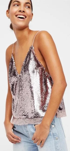 Free People Intimately Free Swinging Surpice pink sequin cami lace trim - XS thumbnail 1