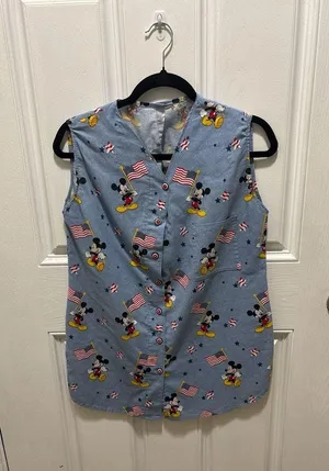 Sassy Scrubs Medium Blue Mickey Mouse Flag Stars Patriotic Scrub Top thumbnail 1