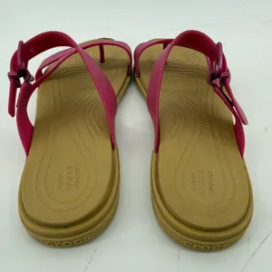 Crocs Tulum Toe Post Sandal Flip Flop Fuchsia Pink Tan Women 7 Buckle Straps thumbnail 5