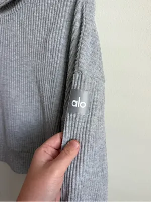 Alo Yoga Muse Cropped Ribbed Hoodie Gray Women's Medium Relaxed Fit thumbnail 6