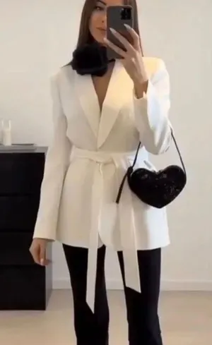 ZARA Tuxedo Blazer With Waist Tie Suit Jacket White thumbnail 10
