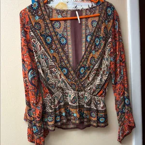 Free People Wrap Peplum Blouse in Brown and Orange Long Flared Sleeves thumbnail 6