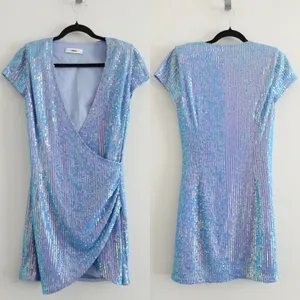 Likely Light Blue Sequin V-Neck Mini Wrap Dress Size S thumbnail 2