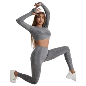 Seamless Workout‎ Set Gray Activewear Long Sleeve Crop Top Leggings TikTok 779 thumbnail 1