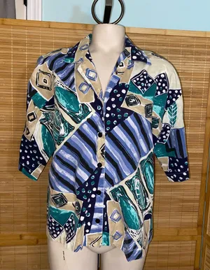 Cabrais woman’s vintage 90s short sleeve button down shirt blouse abstract blue thumbnail 1