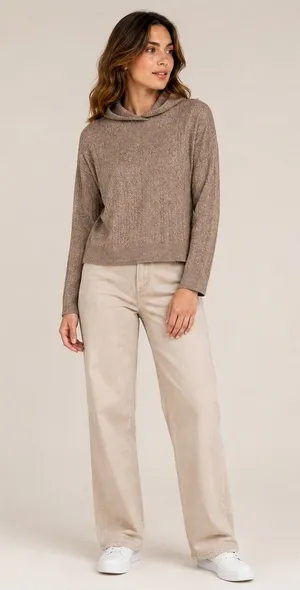 Uniqlo Women's Heather Brown Cable Knit Hoodie Sweater Granola Cottage Pullover thumbnail 1