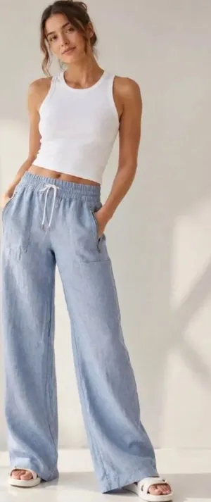 Athleta Blue Elastic Waist Pull On Cabo Linen Wide Leg Pants Women's Size 14 thumbnail 1