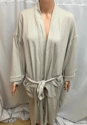 Knothe Waffle Knit Spa Robe Beige Tie Waist Pockets S/M Cozy Lounge Bathrobe thumbnail 1