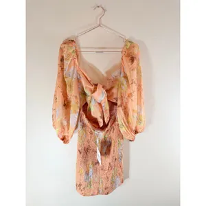 Selfie Leslie Mini Dress‎ Size M Apricot Floral Smocked Puff Sleeve Tie Back thumbnail 5