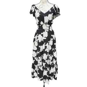 Rachel Zoe Black White Floral Smocked Waist Tiered Maxi Dress Short Sleeve Small thumbnail 2