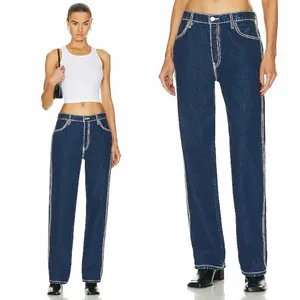 RE/DONE Loose Long‎ Jeans Blue Chunky Stitch Indigo High Rise Womens Size 30 thumbnail 2