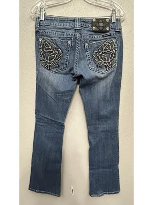 Miss Me Bootcut Blue Jean Size 28 Low Rise Sequin Bling Rose Back Pocket thumbnail 5