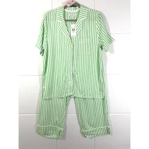 Splendid Notch Collar Cropped Pajama Set Fog Green Stripe XS RLD0299 thumbnail 4