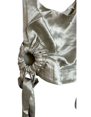 ASTR The Label Women's One Shoulder Side Tie Long Sleeve Top Green Satin Size L thumbnail 4