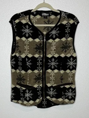 Vintage Sierra Classics Large Snowflake Fleece Vest Tan Black White Full Zip L thumbnail 1