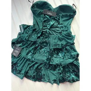 NWT Lulus Definite Glamour Emerald Mesh Sequin Bustier Tiered Mini Dress Size XS thumbnail 5