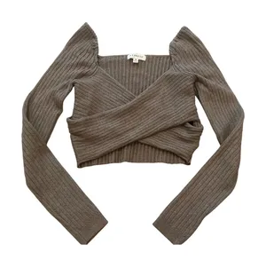 Prómesa Women’s Criss Cross Ribbed Cropped Sweater Brown Size Medium Long Sleeve thumbnail 1