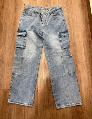 Womens Light Wash‎ Denim Cargo Pants Wide Leg Relaxed Fit thumbnail 1