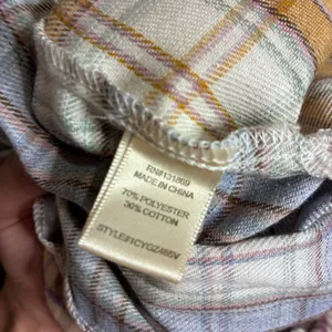 Charmed Hearts Mixed Plaid Patchwork Button Down Shirt Tan Blue Purple M thumbnail 5