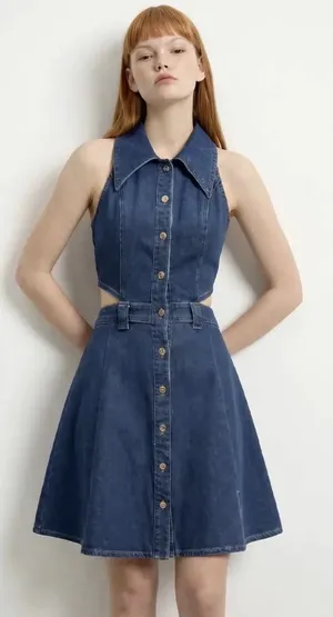 Urban Revivo COTTON STRETCHABLE‎ DENIM CUT-OUT SLEEVELESS BUTTON FRONT DRESS thumbnail 1