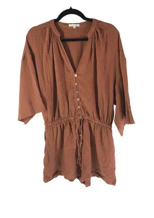 Z Supply Romper Crinkle Gauze Cotton Pockets Drawstring Waist Brown L thumbnail 1