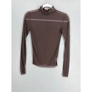 Free People Womens Mesh Top Brown Swiss Dot Sheer Mock Neck XS thumbnail 2