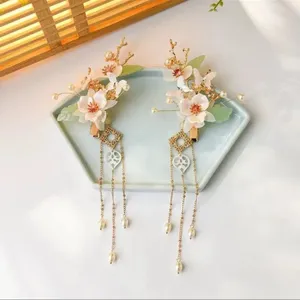 New Chinese Hairpin Hair Clip For Women Glazed Flower Pearl Tassel Headpiece thumbnail 3