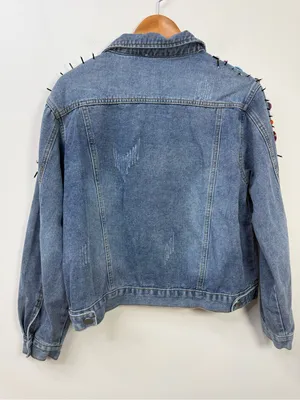 Blue B Collection Denim Jacket with Colorful Rhinestones and Spikes, Size M thumbnail 8