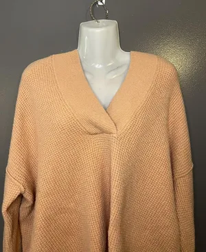 Aerie Sweater Womens Small Pink Waffle Knit Hooded V Neck Pullover Cozy Slouchy thumbnail 1