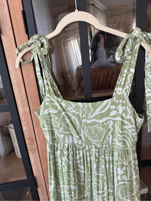 Blu Pepper midi dress bows olive tropical doodles tie straps square neck tiered thumbnail 4