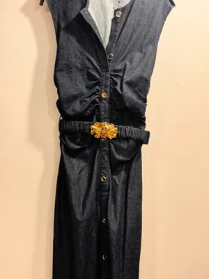 NWOT Zara Navy Blue Denim Button Front Sleeveless Midi Shirt Dress Gold Belt S thumbnail 8