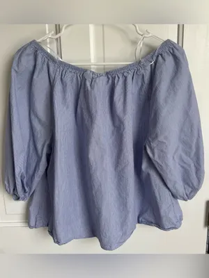 Maeve Blue Stripe Off Shoulder‎ Peasant Blouse Medium Cotton thumbnail 2