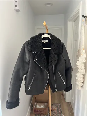 Sebby Black Washed Black Teddy Lined Aviator Bomber Style Full Zip Jacket M thumbnail 2