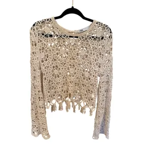 Zara Cream Crochet Open Knit Sweater Top Floral Fringe Boho Long Sleeve thumbnail 2